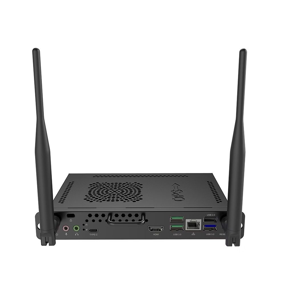 Back view of a black wireless router with antennas and various input ports, including USB and HDMI.