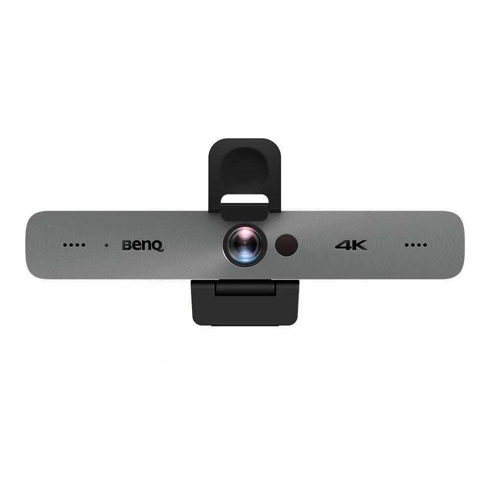 Front view of a sleek grey webcam with 4K branding on a white background.