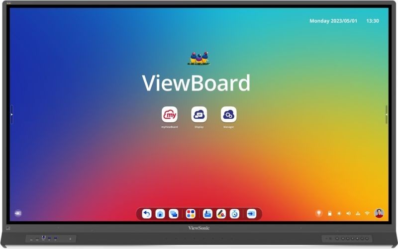 ViewSonic ViewBoard interactive display screen with a colorful gradient background and several app icons.