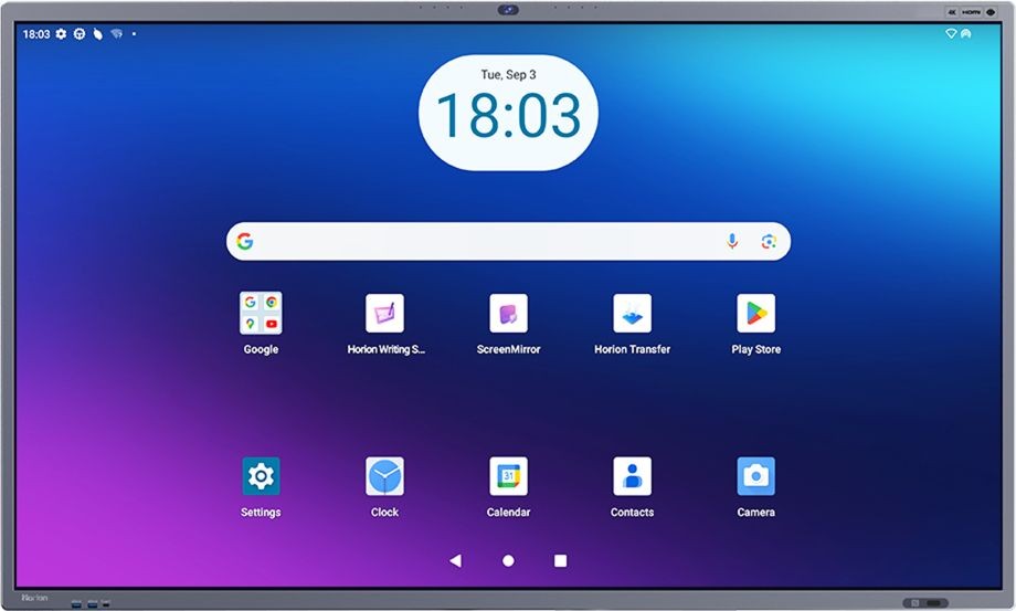 Digital screen displaying app icons on a blue gradient background, with time and date at the top.