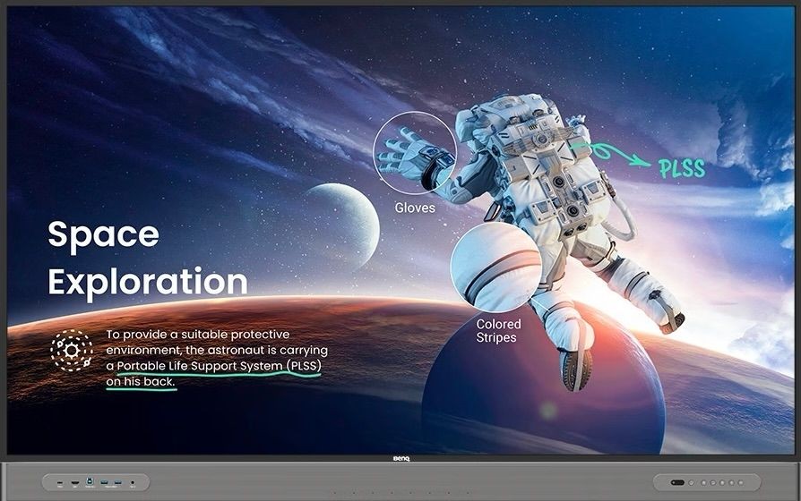 Illustration of an astronaut with labeled equipment floating above a planet, titled 'Space Exploration'.