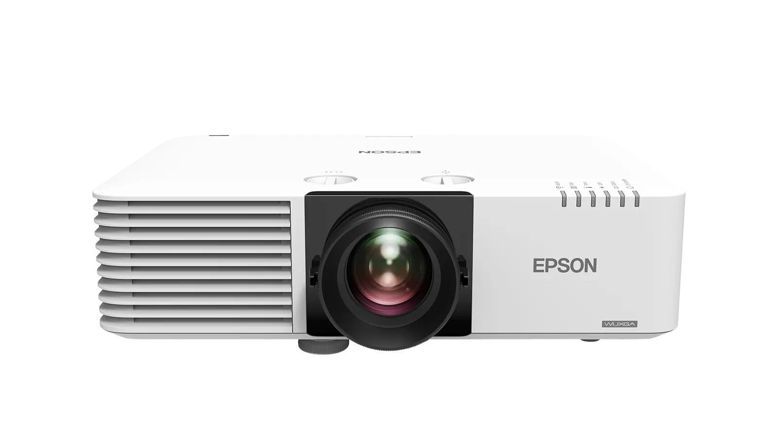 Front view of a white Epson projector with a central lens and ventilation grilles on the side.