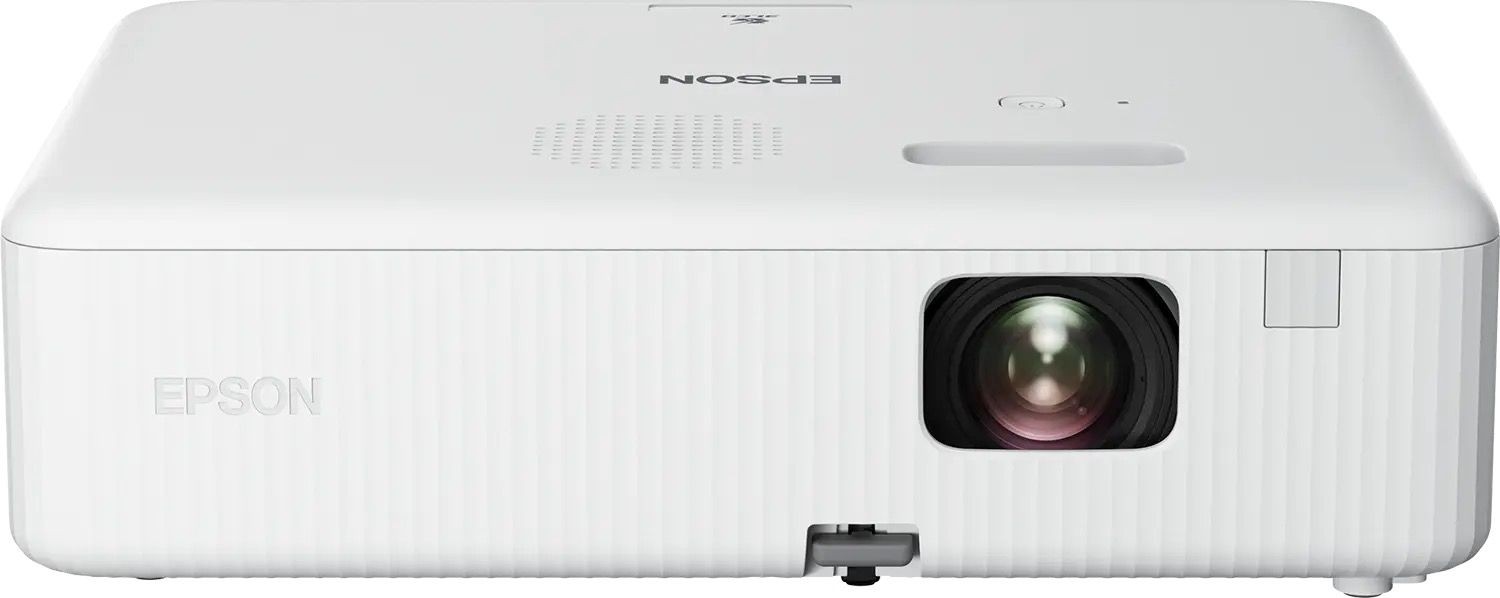 Front view of a white Epson projector with a lens and speaker grille, designed for multimedia presentations.