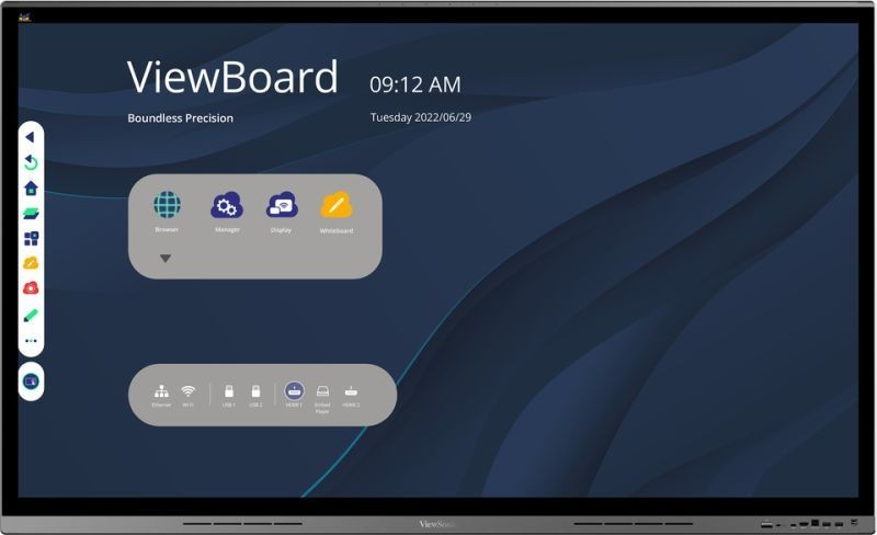 Interactive ViewBoard display screen showing various app icons and date, with a blue abstract background.