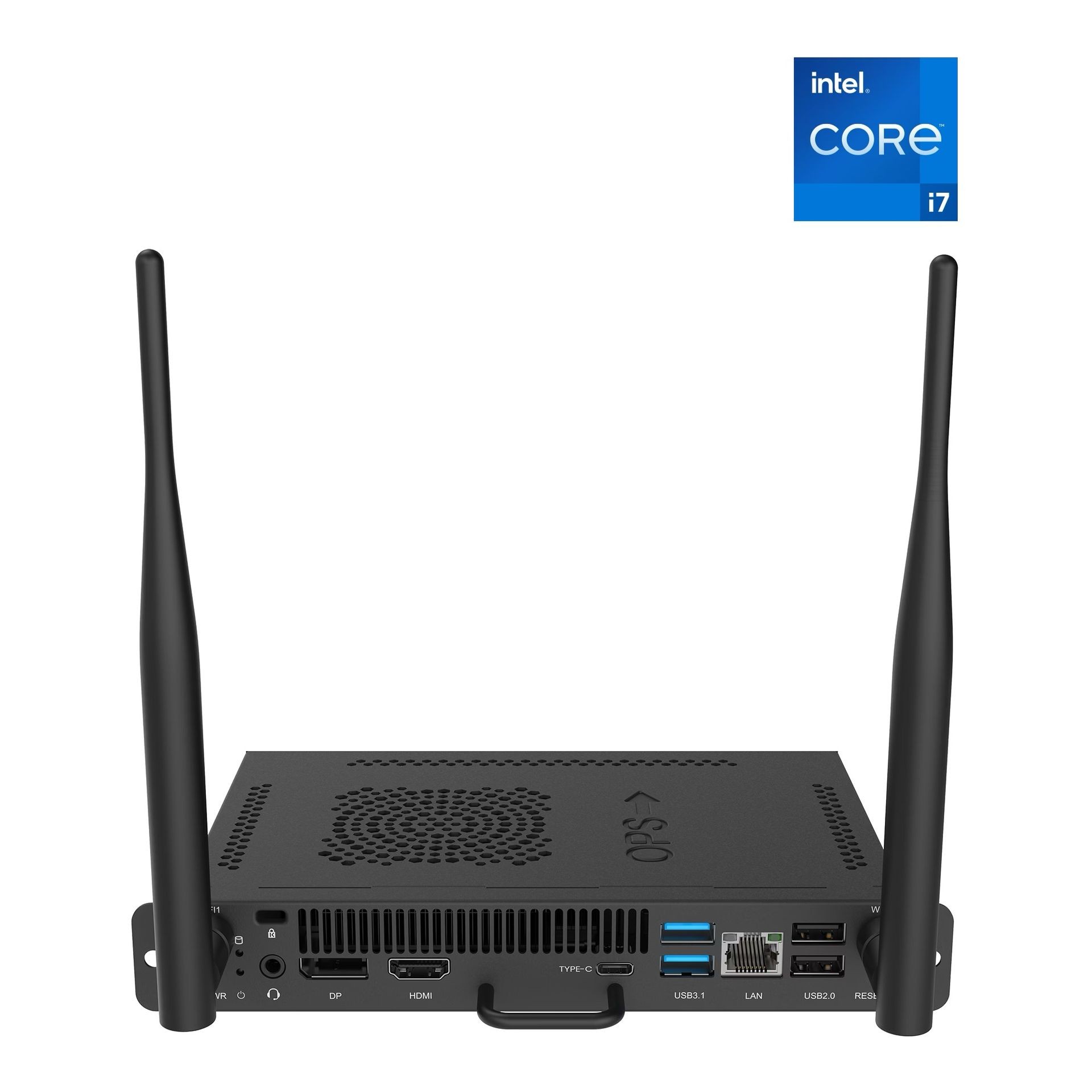 Compact device with antennas and multiple ports, featuring Intel Core i7 logo above.