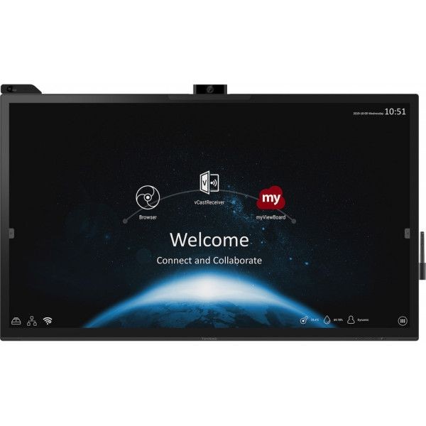 Interactive display showing a welcome screen with connect and collaborate options over a digital globe background.