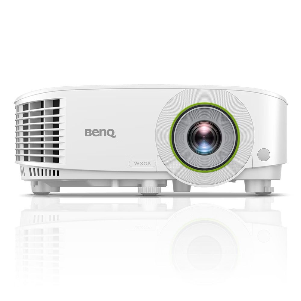 Front view of a white projector displaying its lens and branded logo.