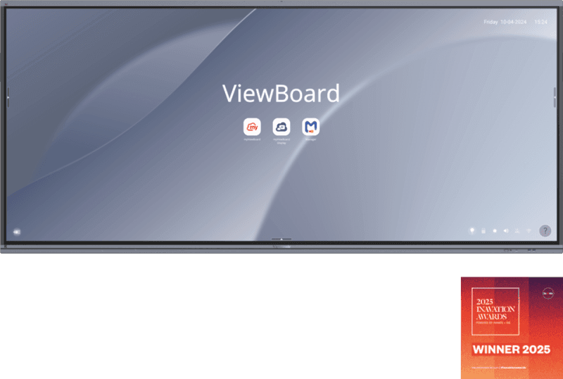 ViewBoard interactive display screen with apps and award icon for 2025 Innovation Awards Winner.