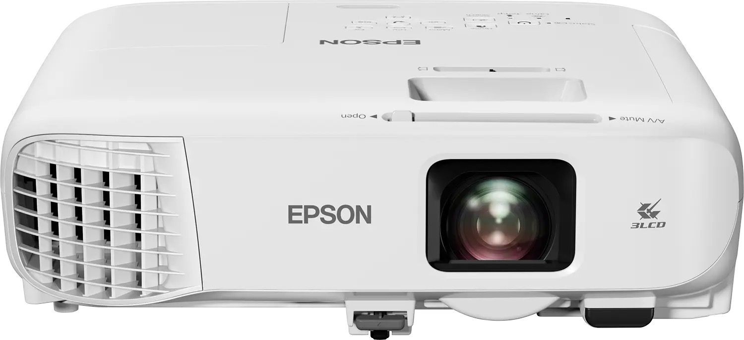 Front view of a white Epson 3LCD projector with lens and ventilation grilles.