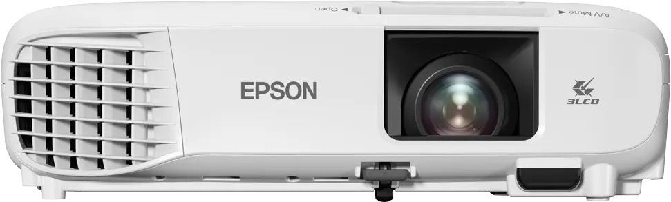 Front view of a white Epson projector with lens and ventilation grilles.