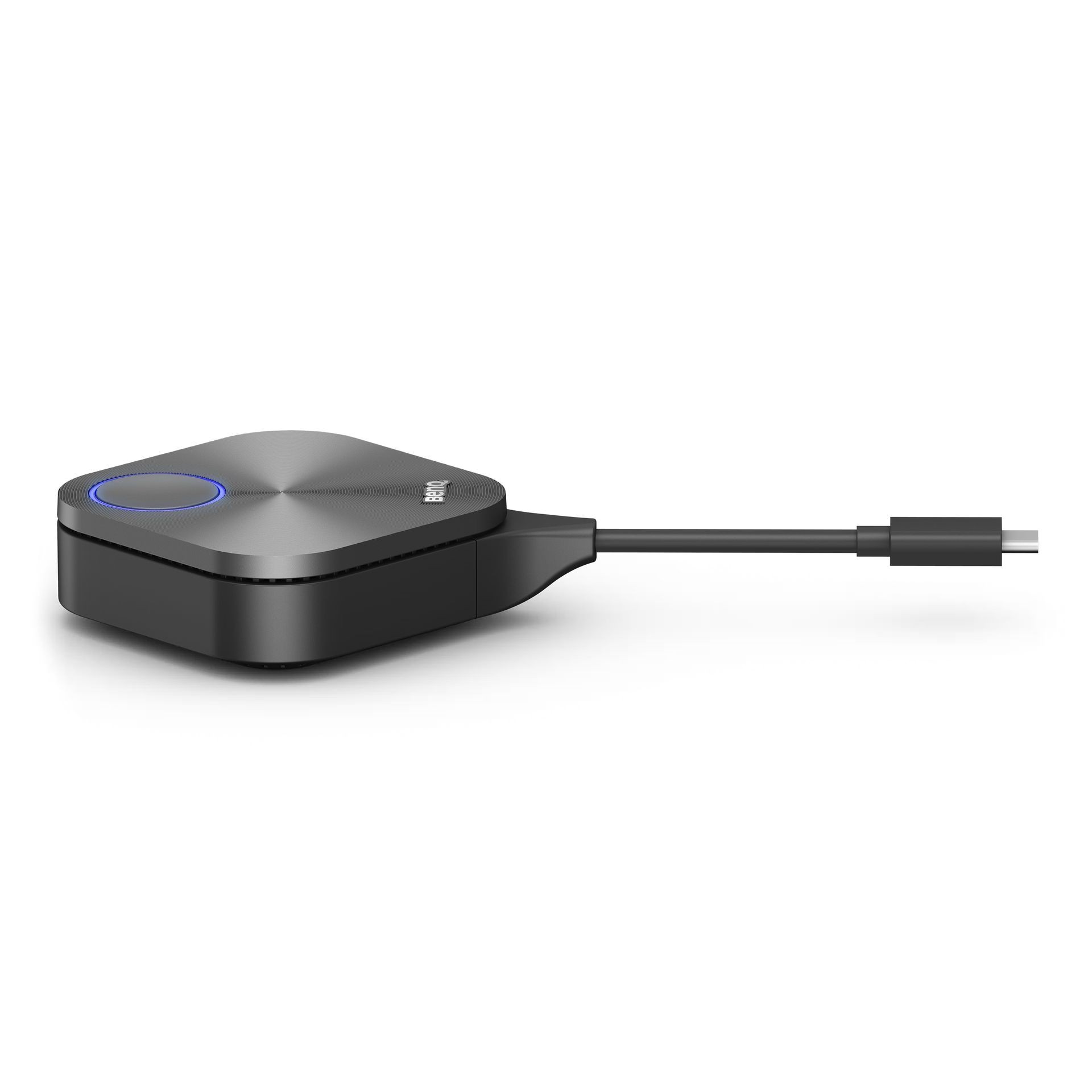 Black Barco ClickShare USB-C wireless presentation device on white background.