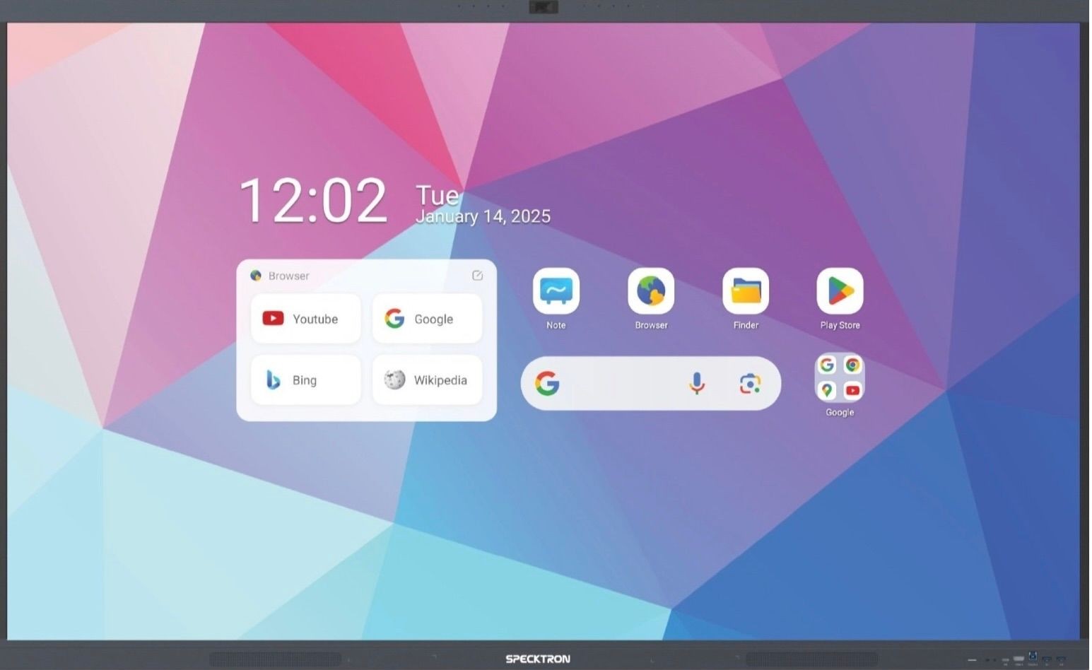 Digital screen displaying app icons and date, with a colorful geometric background.