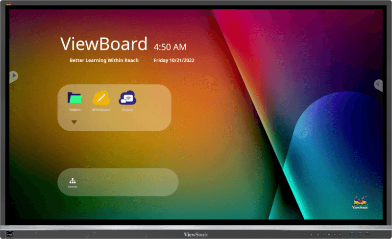 Interactive display screen showing ViewBoard interface with options for folders, whiteboard, and display.