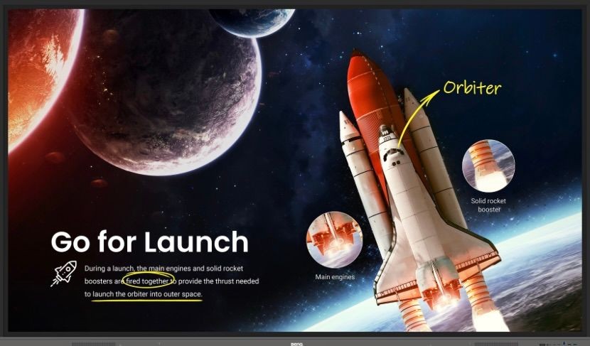 Space shuttle launching with labeled parts, planets in background, and text 'Go for Launch'.
