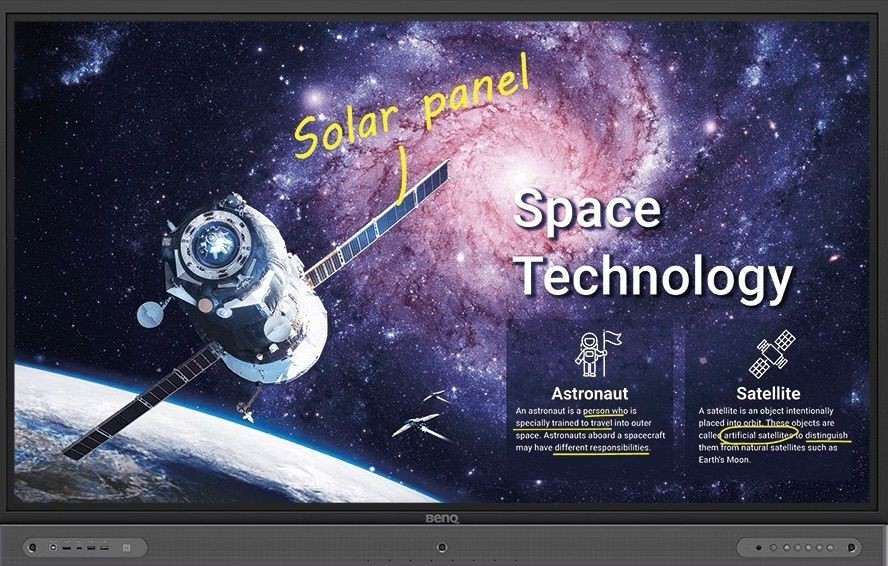 Illustration of a satellite in space with text about astronauts and satellites, highlighting solar panels.